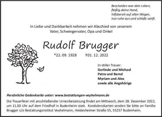 Traueranzeige von Rudolf Brugger von vrm-trauer AZ Mainz