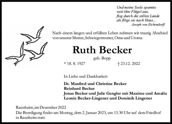 Traueranzeige von Ruth Becker von vrm-trauer Rüsselsheimer Echo / MainSpitze