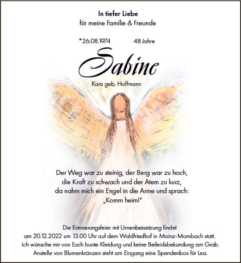  Traueranzeige für Sabine  vom 17.12.2022 aus vrm-trauer AZ Mainz