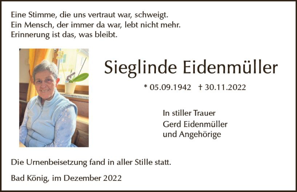  Traueranzeige für Sieglinde Eidenmüller vom 24.12.2022 aus vrm-trauer Odenwälder Echo