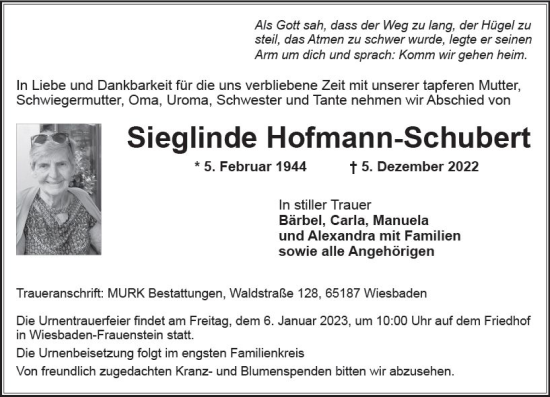 Traueranzeige von Sieglinde Hofmann-Schubert von vrm-trauer Wiesbadener Kurier