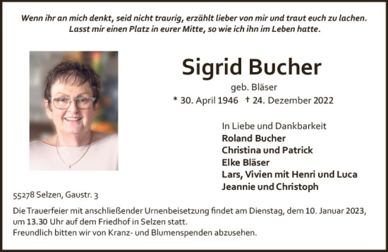 Traueranzeige von Sigrid Bucher von vrm-trauer Allgemeine Zeitung Alzey
