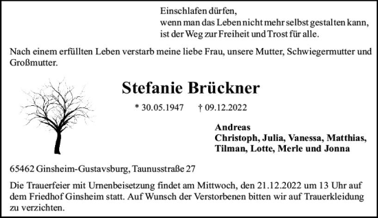 Traueranzeige von Stefanie Brückner von vrm-trauer Rüsselsheimer Echo / MainSpitze