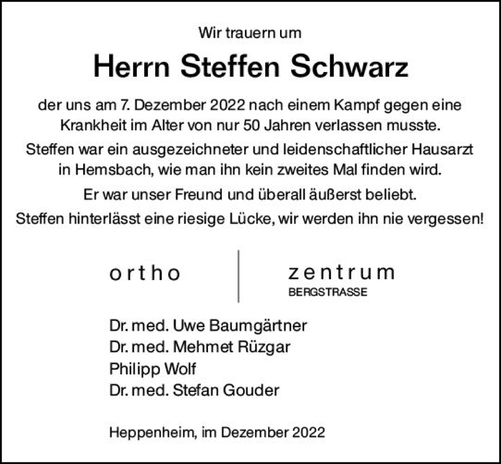  Traueranzeige für Steffen Schwarz vom 24.12.2022 aus vrm-trauer Bürstädter/Lamperth. Ztg/Starkenburger