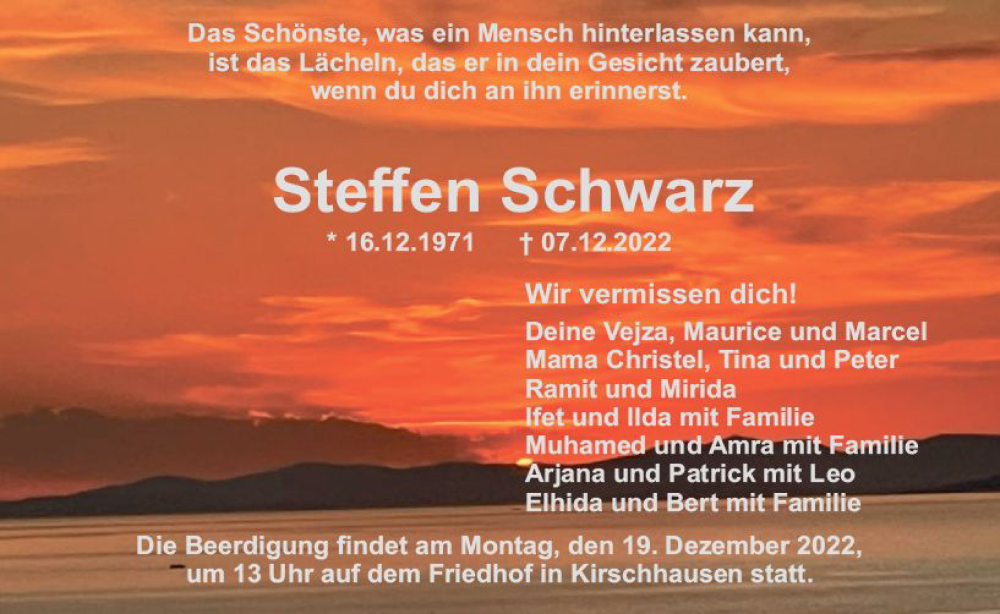  Traueranzeige für Steffen Schwarz vom 17.12.2022 aus vrm-trauer Bürstädter/Lamperth. Ztg/Starkenburger