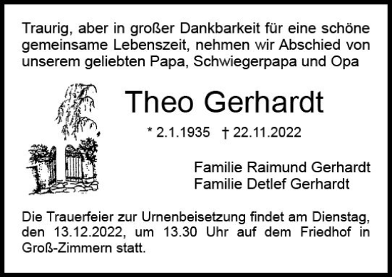Traueranzeige von Theo Gerhardt von vrm-trauer DieburgerAnzeiger/Groß-Zimmerner Lokala