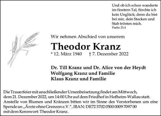 Traueranzeige von Theodor Kranz von vrm-trauer Wiesbadener Kurier