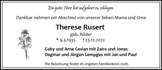 Traueranzeige von Therese Rusert von vrm-trauer Wiesbadener Kurier