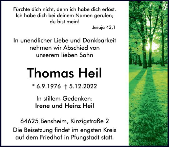 Traueranzeige von Thomas Heil von vrm-trauer Bergsträßer Anzeiger