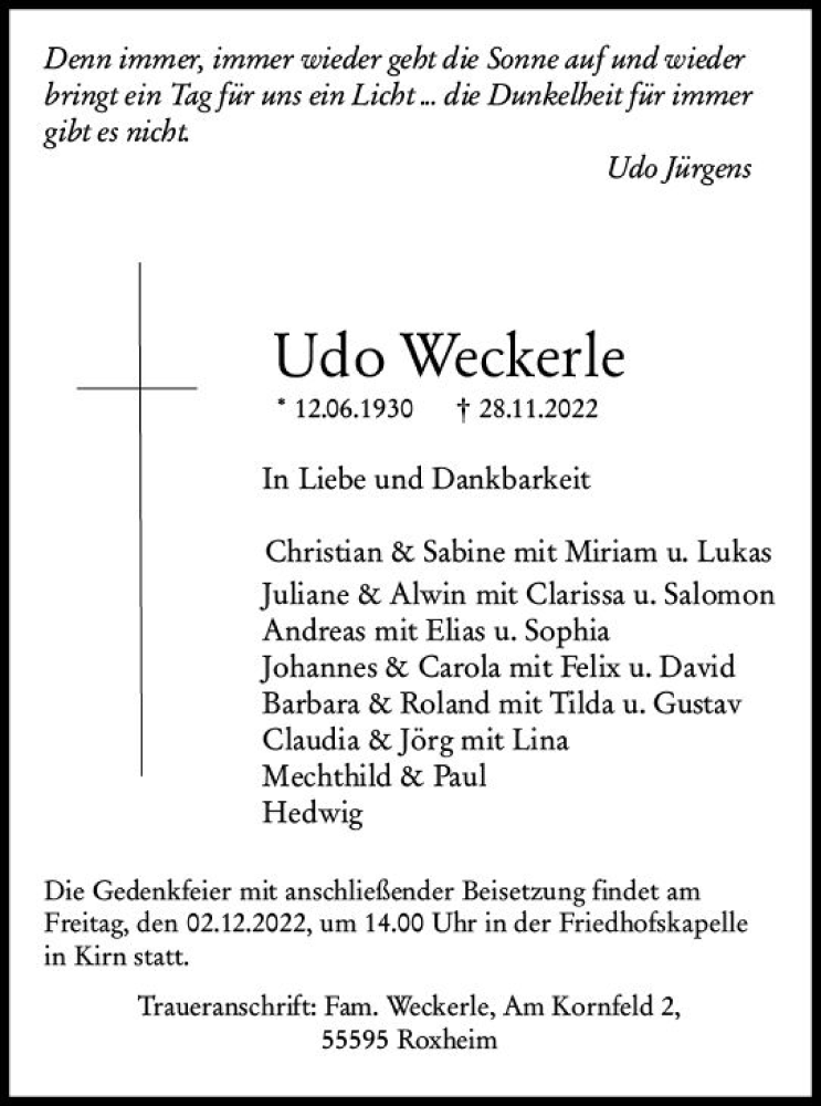  Traueranzeige für Udo Weckerle vom 01.12.2022 aus vrm-trauer Allgemeine  Zeitung Ingelheim-Bingen