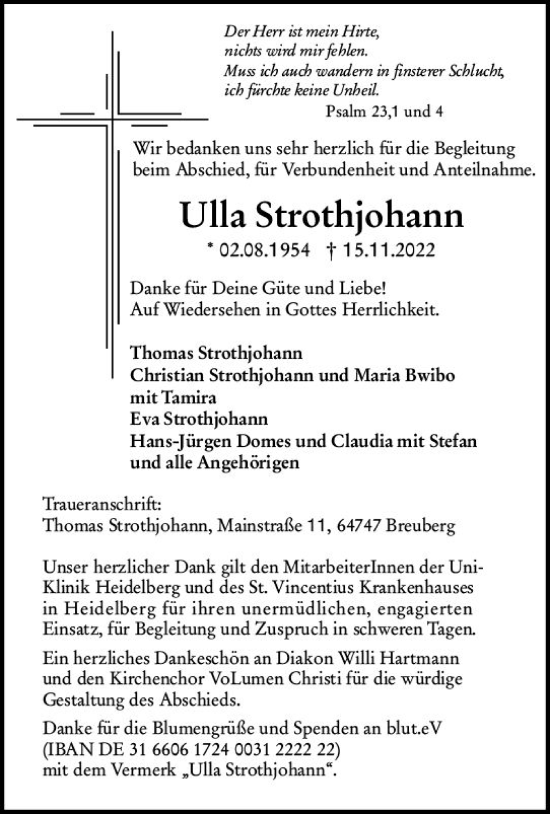 Traueranzeige von Ulla Strothjohann von vrm-trauer Odenwälder Echo