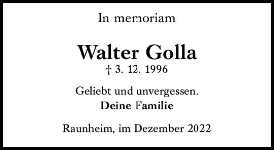 Traueranzeige von Walter Golla von vrm-trauer Rüsselsheimer Echo / MainSpitze