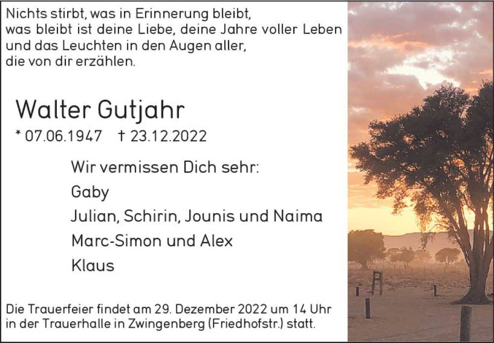  Traueranzeige für Walter Gutjahr vom 27.12.2022 aus vrm-trauer Darmstädter Echo