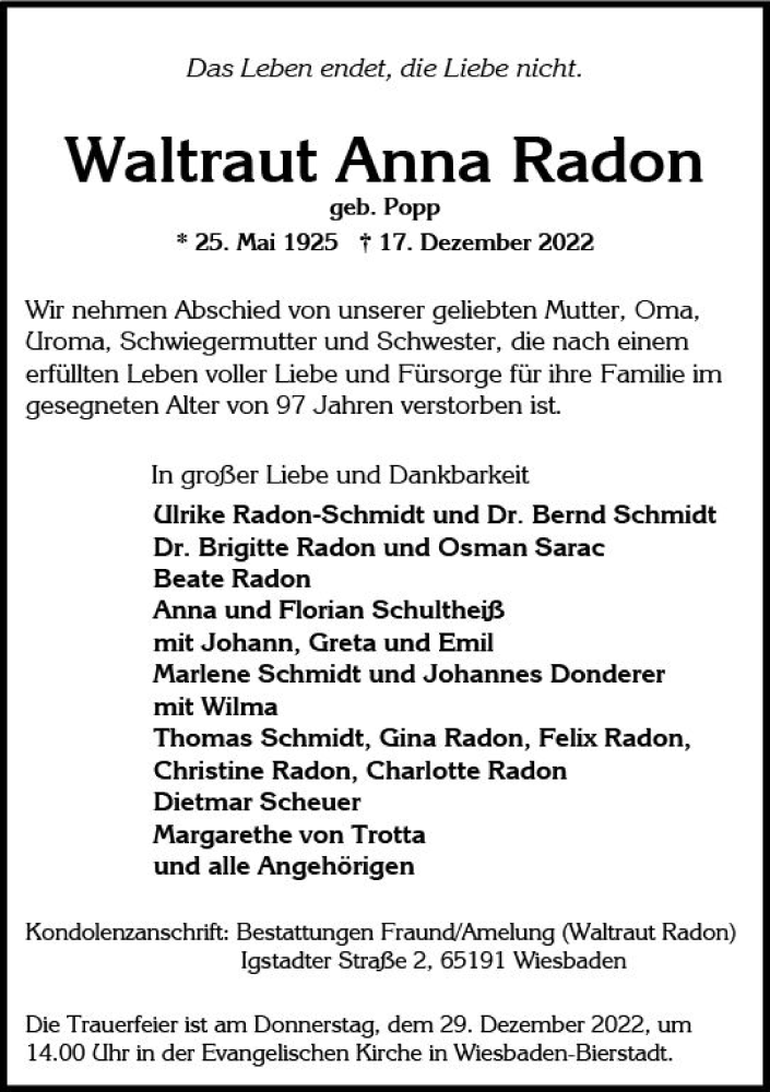  Traueranzeige für Waltraut Anna Radon vom 24.12.2022 aus vrm-trauer Wiesbadener Kurier