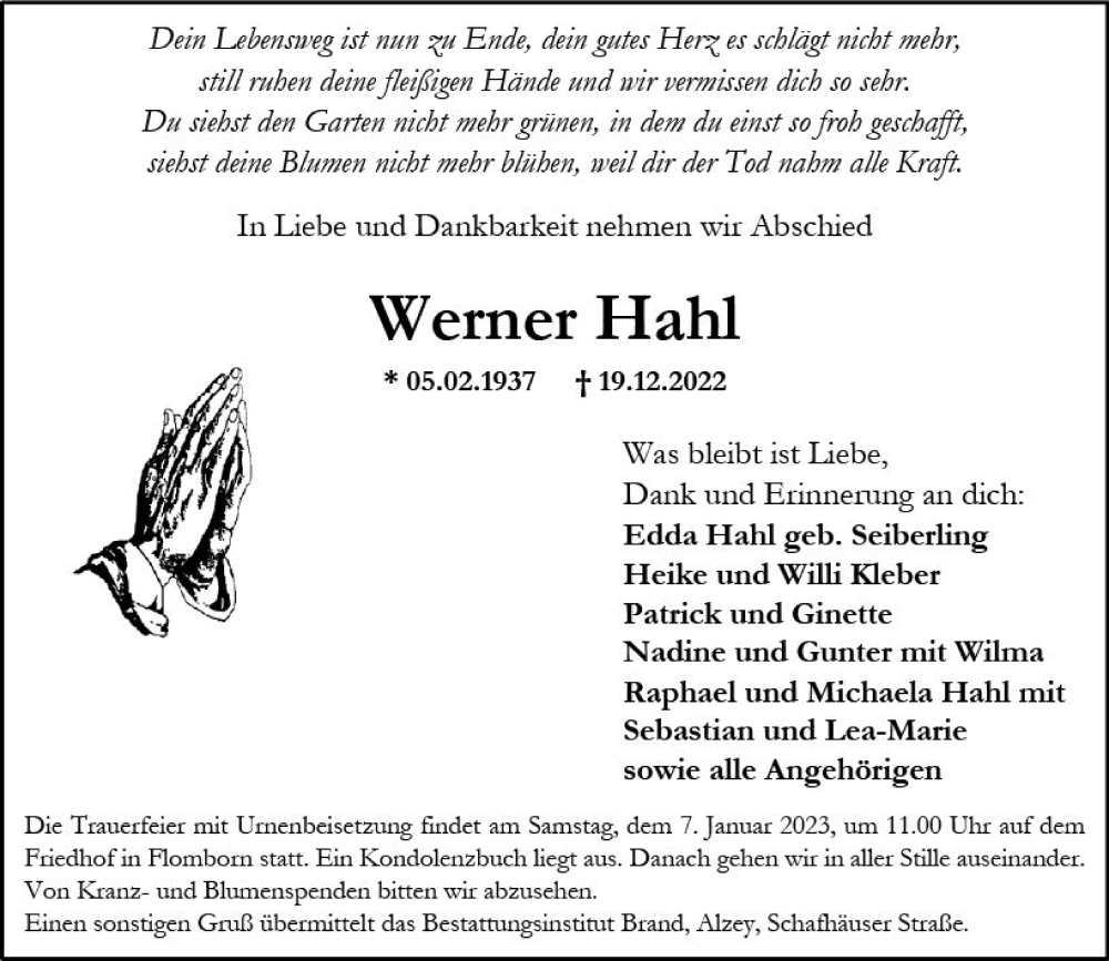  Traueranzeige für Werner Hahl vom 31.12.2022 aus vrm-trauer Allgemeine Zeitung Alzey