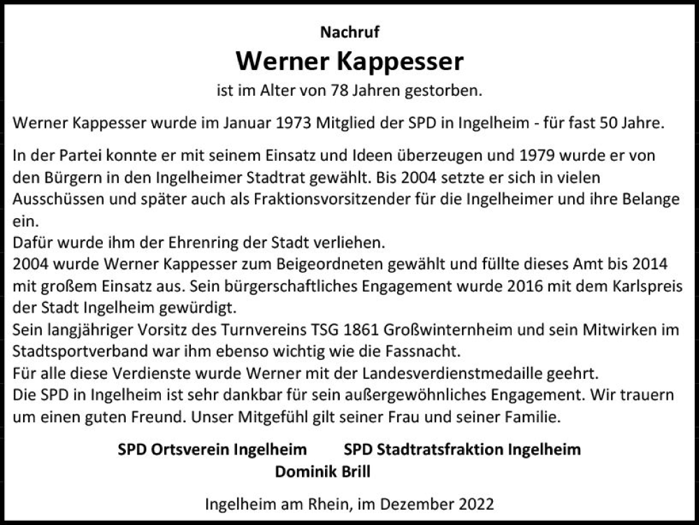  Traueranzeige für Werner Kappesser vom 30.12.2022 aus vrm-trauer Allgemeine  Zeitung Ingelheim-Bingen