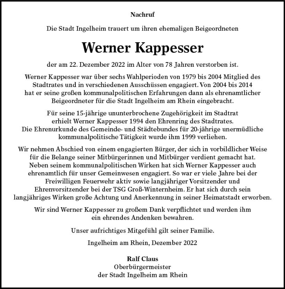  Traueranzeige für Werner Kappesser vom 31.12.2022 aus vrm-trauer Allgemeine  Zeitung Ingelheim-Bingen
