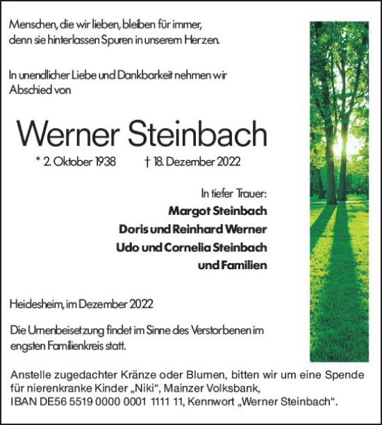 Traueranzeige von Werner Steinbach von vrm-trauer Allgemeine  Zeitung Ingelheim-Bingen