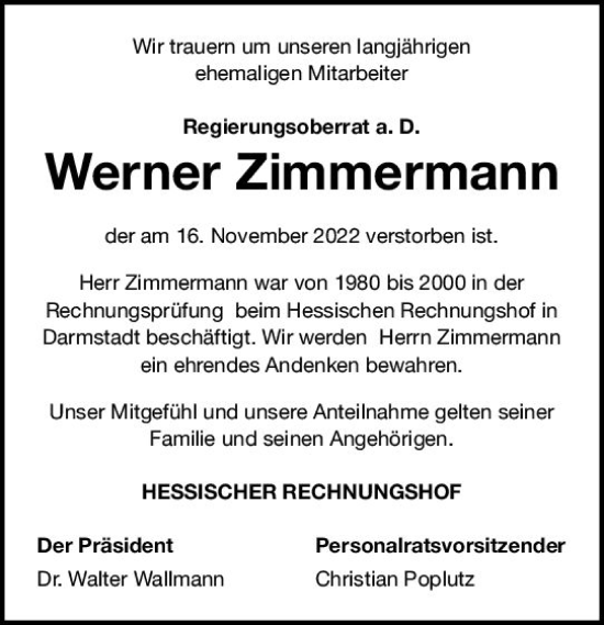 Traueranzeige von Werner Zimmermann von vrm-trauer Darmstädter Echo