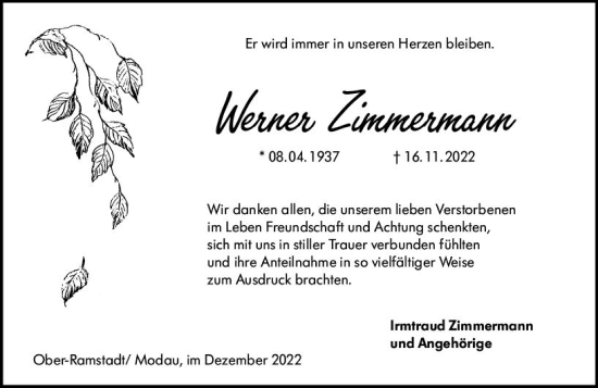 Traueranzeige von Werner Zimmermann von vrm-trauer Darmstädter Echo