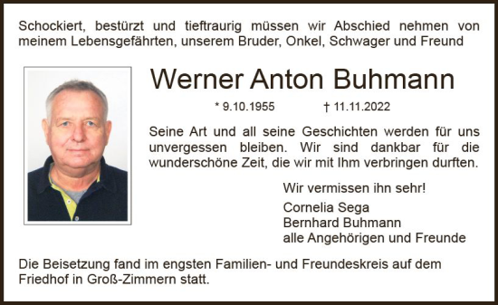Traueranzeige von Werner Anton Buhmann von vrm-trauer DieburgerAnzeiger/Groß-Zimmerner Lokala