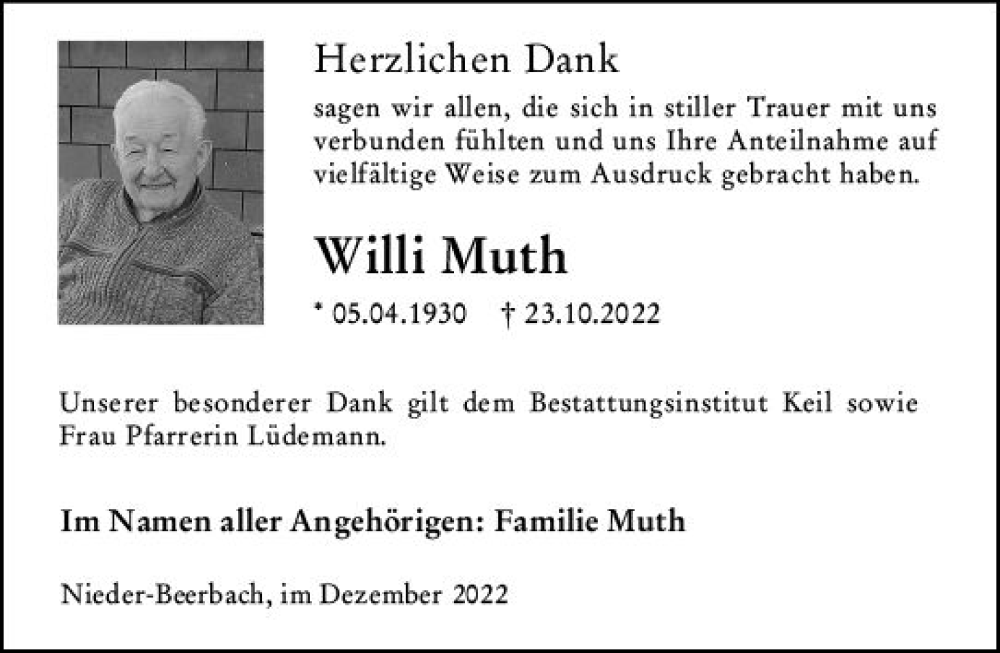  Traueranzeige für Willi Muth vom 17.12.2022 aus vrm-trauer Darmstädter Echo