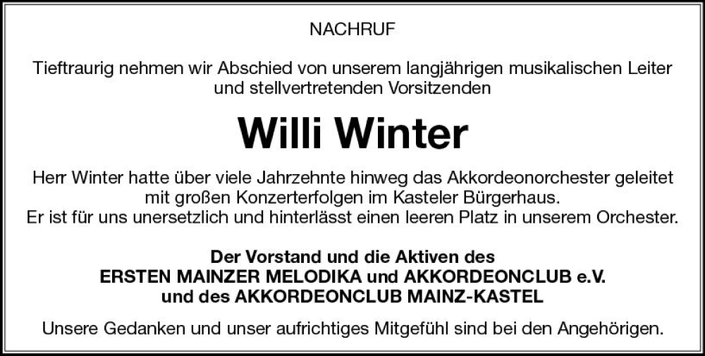  Traueranzeige für Willi Winter vom 17.12.2022 aus vrm-trauer AZ Mainz