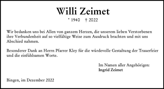 Traueranzeige von Willi Zeimet von vrm-trauer Allgemeine  Zeitung Ingelheim-Bingen
