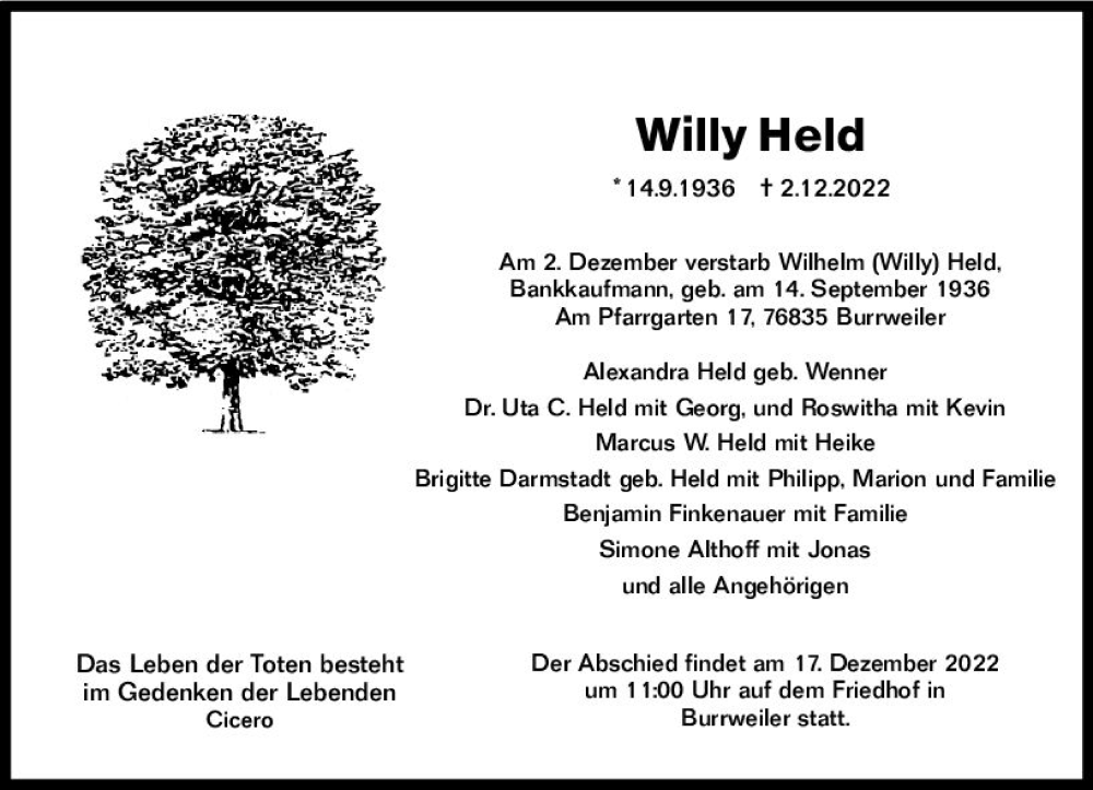  Traueranzeige für Willy Held vom 14.12.2022 aus vrm-trauer AZ Mainz