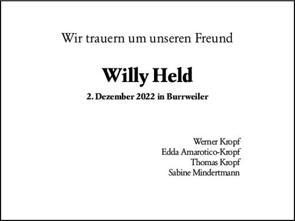  Traueranzeige für Willy Held vom 05.12.2022 aus vrm-trauer AZ Mainz