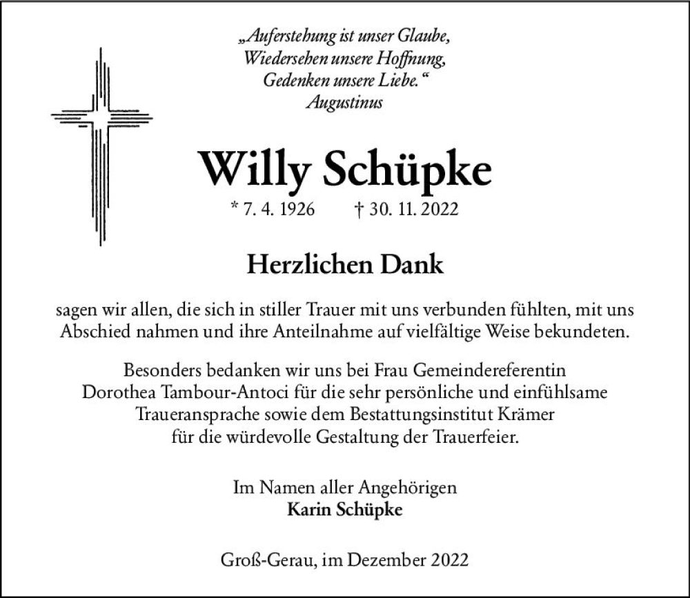  Traueranzeige für Willy Schüpke vom 31.12.2022 aus vrm-trauer Groß-Gerauer Echo