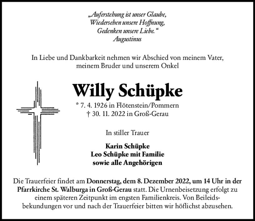  Traueranzeige für Willy Schüpke vom 03.12.2022 aus vrm-trauer Groß-Gerauer Echo