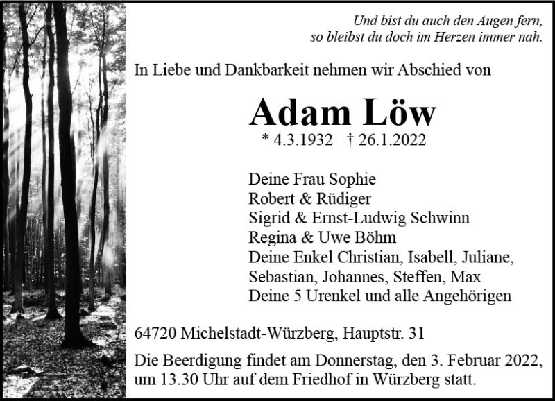  Traueranzeige für Adam Löw vom 01.02.2022 aus vrm-trauer Odenwälder Echo