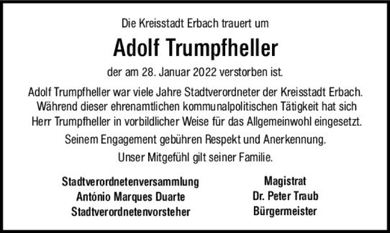  Traueranzeige für Adolf Trumpfheller vom 05.02.2022 aus vrm-trauer Odenwälder Echo