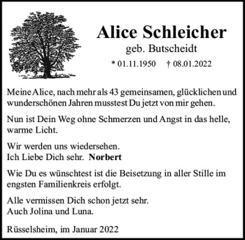 Traueranzeige von Alice Schleicher von vrm-trauer Rüsselsheimer Echo / MainSpitze