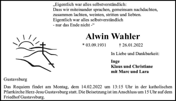 Traueranzeige von Alwin Wahler von vrm-trauer AZ Mainz
