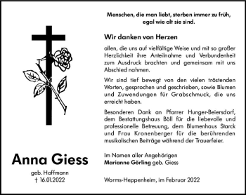 Traueranzeige von Anna Giess von vrm-trauer Wormser Zeitung