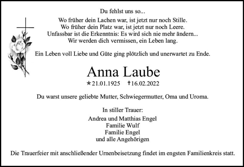  Traueranzeige für Anna Laube vom 26.02.2022 aus vrm-trauer AZ Mainz