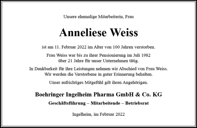  Traueranzeige für Anneliese Weiss vom 28.02.2022 aus vrm-trauer Allgemeine  Zeitung Ingelheim-Bingen