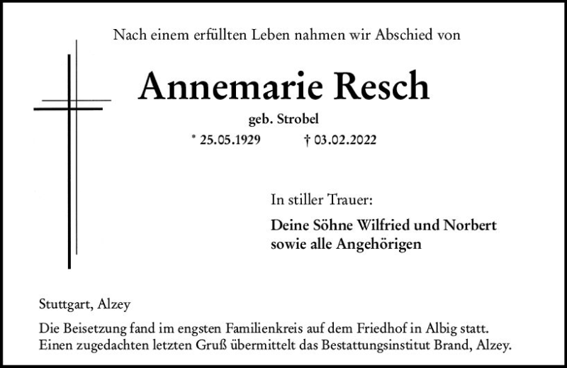  Traueranzeige für Annemarie Resch vom 19.02.2022 aus vrm-trauer Allgemeine Zeitung Alzey