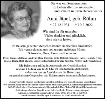 Traueranzeige von Anni Jäpel von vrm-trauer Odenwälder Echo