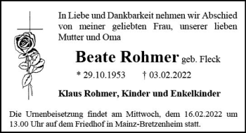 Traueranzeige von Beate Rohmer von vrm-trauer AZ Mainz