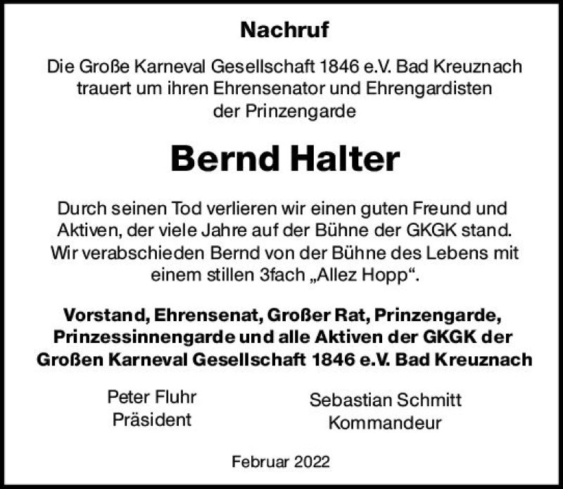  Traueranzeige für Bernd Halter vom 26.02.2022 aus vrm-trauer Allg. Zeitung Bad Kreuznach