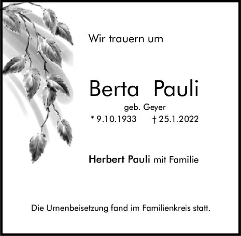  Traueranzeige für Berta Pauli vom 12.02.2022 aus vrm-trauer AZ Mainz