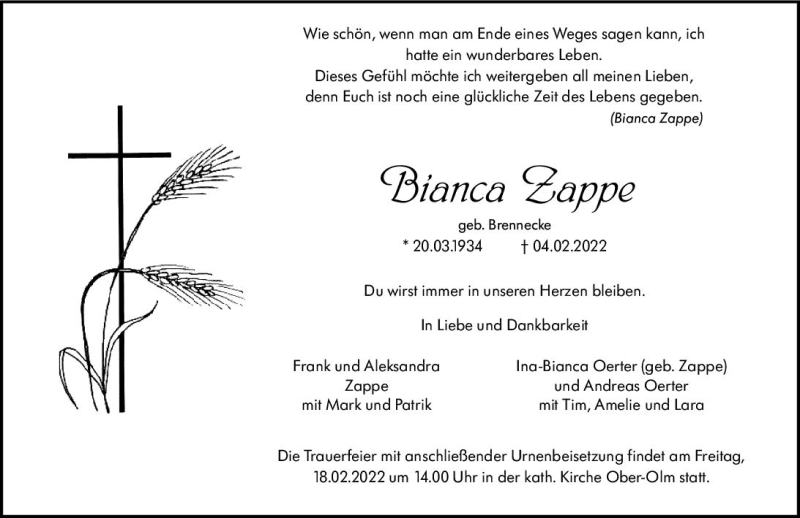  Traueranzeige für Bianka Zappe vom 12.02.2022 aus vrm-trauer AZ Mainz