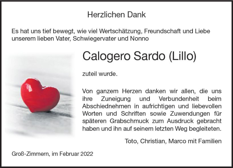  Traueranzeige für Calogero Sardo vom 12.02.2022 aus vrm-trauer DieburgerAnzeiger/Groß-Zimmerner Lokala