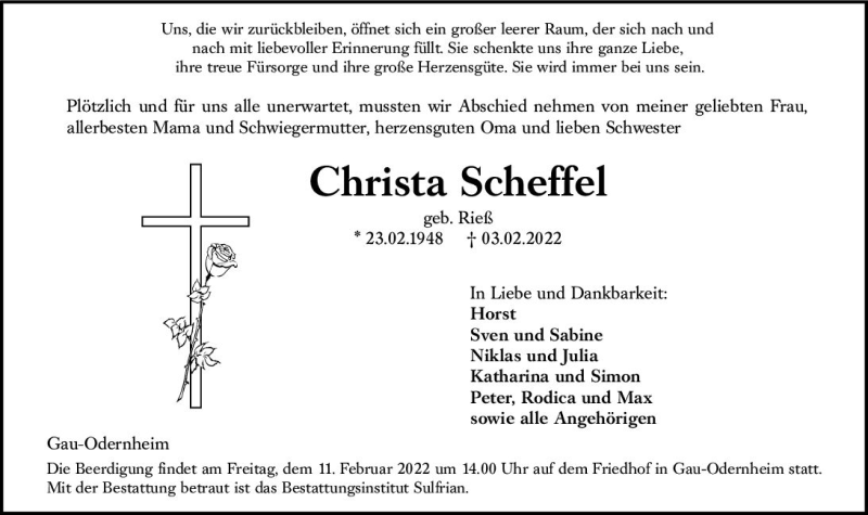  Traueranzeige für Christa Scheffel vom 09.02.2022 aus vrm-trauer Allgemeine Zeitung Alzey