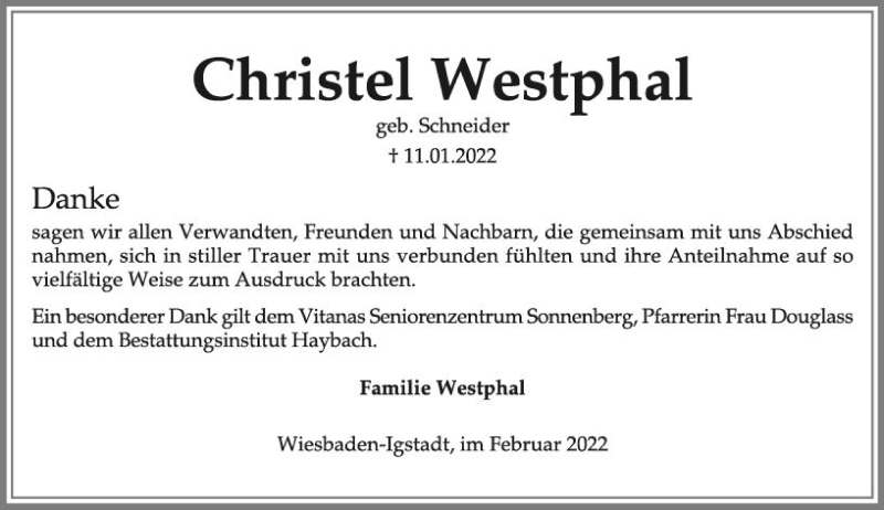  Traueranzeige für Christel Westphal vom 12.02.2022 aus vrm-trauer Wiesbadener Kurier