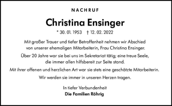 Traueranzeige von Christina Ensinger von vrm-trauer Bergsträßer Anzeiger