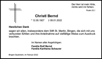 Traueranzeige von Christl Bernd von vrm-trauer Allgemeine  Zeitung Ingelheim-Bingen